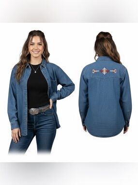 Woolrich Blue Denim Shirt Jacket Navajo inspired embroidery medium